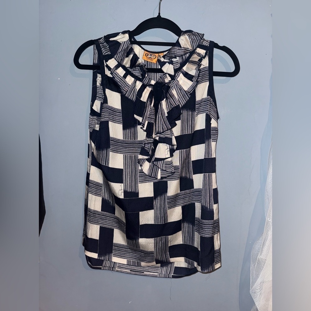 Tory Burch Navy and White Ruffled Sleeveless Blouse- 100% silk